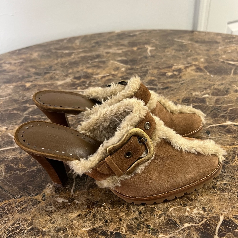 Gianni Bini Brown Suede Shearling Mule Heels Western Buckle Clog Size 8 - Picture 3 of 7
